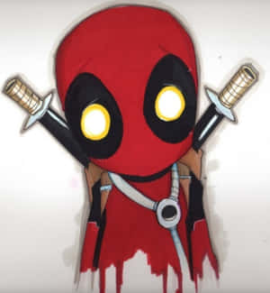 Chibi Deadpool 手持兩把劍，眼睛發光，滴著血。