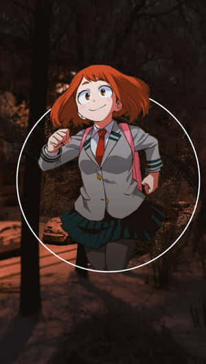 穿著校服的動畫女孩在雪地森林中奔跑。