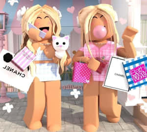 兩個Roblox角色在粉紅色店舖裡開心地拿著購物袋和一隻貓。