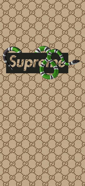 綠色和白色的蛇纏繞在黑色Supreme標誌上，背景是Gucci字母組合圖案。