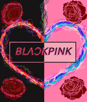 一個色彩繽紛的心形圖案，帶有玫瑰和 BLACKPINK 文字，分為黑色和粉紅色兩半。