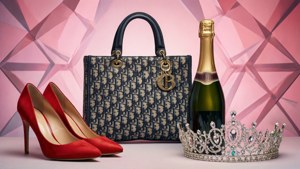 紅色高跟鞋、手袋、香檳、皇冠，粉紅色幾何背景上的奢華時尚單品