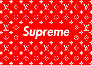 紅色背景，帶有白色路易威登字母圖案和中央Supreme標誌。