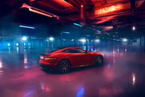霓虹燈照亮的地下車庫中的紅色跑車，帶有煙霧和日文標誌。 — 汽車 壁紙