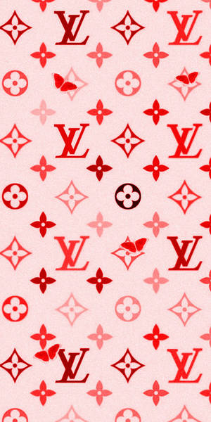粉紅色背景上的紅色 Louis Vuitton 標誌和花卉圖案。