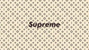 Supreme標誌在Louis Vuitton字母組合背景上。
