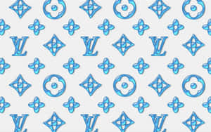 紋理灰色背景上的藍色 Louis Vuitton 字母組合圖案。