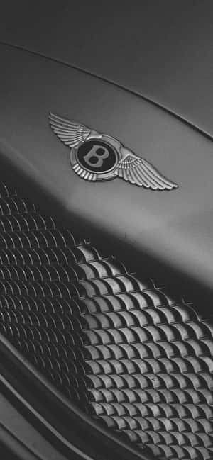 引擎蓋上的 Bentley 汽車標誌，帶紋理格柵，黑白。