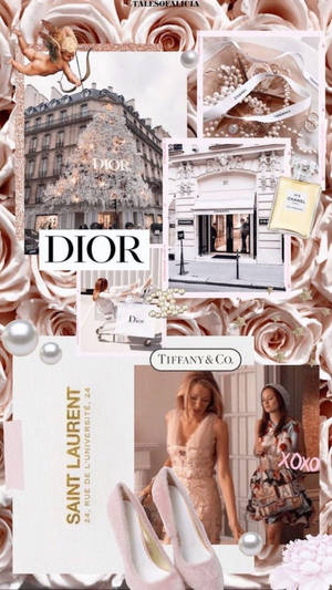 奢華時尚拼貼， featuring Dior、Chanel和Tiffany品牌，搭配粉紅玫瑰和珍珠。