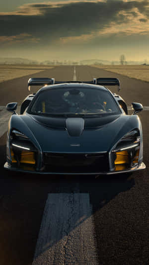 金色黃昏時分，黑色McLaren Senna跑車停在跑道上。