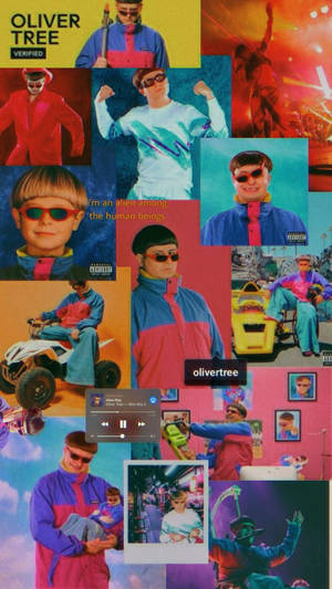 Oliver Tree 身穿90年代霓虹運動服，帶有音樂播放器疊加的拼貼畫。 — 拼貼 GIF 壁紙