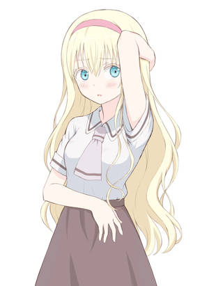 長金髮藍眼的女動漫角色穿著校服觸碰頭髮。