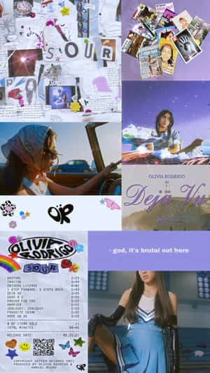 Olivia Rodrigo 的 SOUR 專輯拼貼畫，包含照片、歌詞和塗鴉。