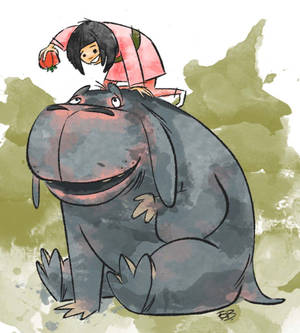 一個穿著粉紅色衣服的女孩坐在一隻微笑的灰色河馬上，河馬拿著一個番茄。