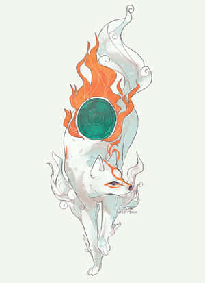 白色狐狸，背上綠色圓圈周圍有橙色火焰和藍色煙霧。 — 幽遊白書 GIF 壁紙