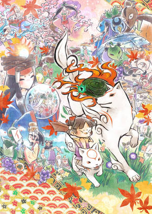 動漫場景，狐仙和小孩被日本神話角色和飄落的楓葉包圍。