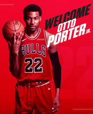 籃球運動員 Otto Porter Jr. 身穿公牛隊球衣持球，帶有歡迎文字。 — 芝加哥公牛 壁紙
