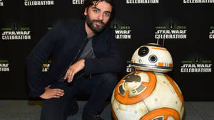 男人在2015年星戰慶典活動中與BB-8機械人合影。