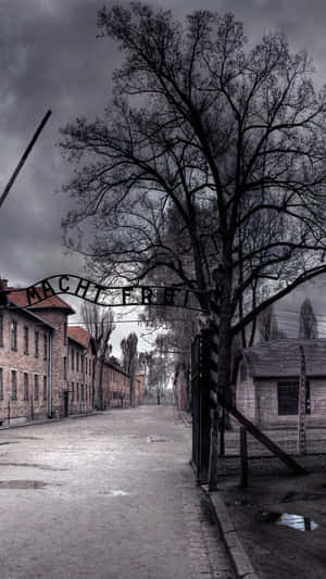 暴風雨天空下，奧斯威辛集中營入口帶有「Arbeit macht frei」標誌。
