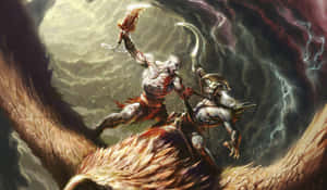 God of War 戰士在暴風雨中與有翼敵人戰鬥