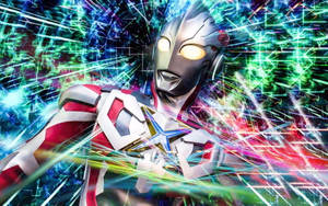 Ultraman被發光的能量光束包圍，在充滿活力的數碼場景中。