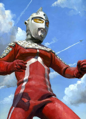 身穿紅色和銀色套裝的超人（Ultraman）英勇地站在藍天和白雲前。