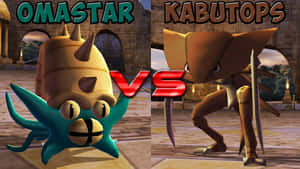 兩隻寶可夢 OmaSTAR 和 KabutoPS 在石頭競技場中面對面。