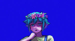 藍髮動漫角色戴著花冠，看起來悲傷流淚