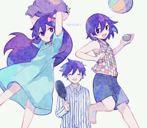 三個紫發動漫小孩在玩沙灘球並拿著鏡子。