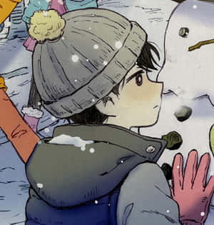 穿著冬季外套和帽子的孩子在飄雪中觸摸雪人。