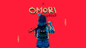 像素藝術角色，藍色頭髮和武士刀，紅色背景，帶有「OMORI」文字。