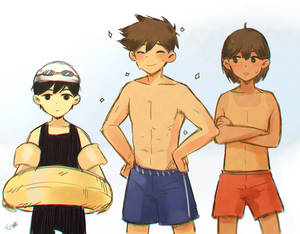 三個動漫男孩穿著泳裝在夏日戶外擺姿勢。