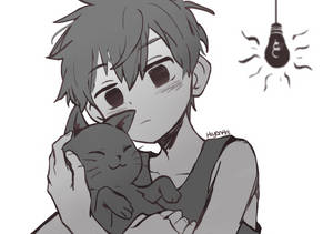動漫男孩抱著一隻睡著的貓，頭頂上方有一個發光的燈泡。