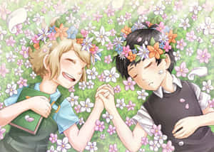 兩個微笑的動漫男孩在落花下戴著花冠牽手。