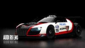 攝影棚燈光下的奧迪R8 LMS賽車，紅白黑配色。 — Audi R8 GIF 壁紙