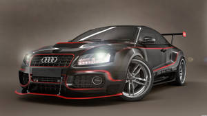 黑色奧迪跑車，帶紅色飾條和發光車頭燈，在攝影棚中 — Audi R8 GIF 壁紙