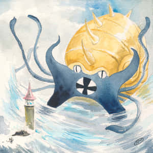 藍色多刺海怪帶黃色外殼威脅暴風雨海面上的燈塔。 — 燈塔 壁紙