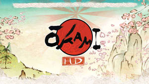 水彩風格的Okami HD遊戲標誌，配有櫻花和山脈。
