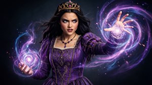 一位身穿紫色長袍、頭戴王冠的女王，從手中引導發光的宇宙能量。