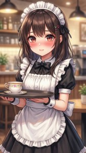 動漫女僕在燈光溫馨、有花卉杯的咖啡館裡奉茶。