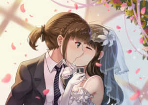 動漫情侶在飄落的粉紅色花瓣中分享浪漫的婚禮之吻。 — 動漫女同性戀 壁紙