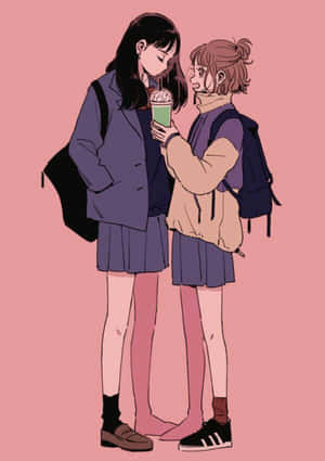 兩個穿著校服的動漫女孩背著背包分享飲料。 — 手機 壁紙