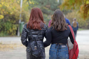 兩位女士手挽手走過一個有秋葉的公園。