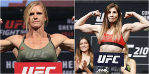 兩位女性UFC拳手在稱重活動中展示肌肉，伴有品牌標誌。 — 動漫女同性戀 壁紙
