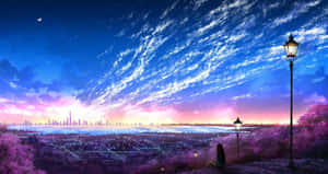 人坐在街燈下，在暮色中觀看發光的城市，伴有宇宙雲彩和月亮。 — 天空景觀 壁紙