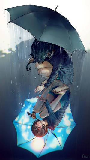 動漫女孩在雨中撐傘，倒影上下顛倒顯示藍天和太陽。