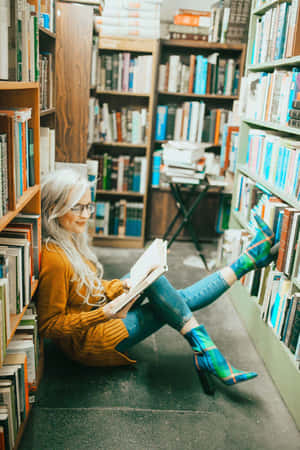 女性在舒適圖書館的書架之間閱讀書籍，穿著色彩繽紛的靴子