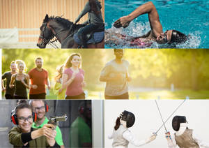 參與各種運動的運動員，包括騎馬、游泳、跑步、射擊和劍擊。