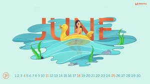 女性漂浮在黃色鴨子充氣玩具上，風格化水面帶有 'JUNE' 文字。