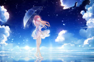 粉紅色頭髮的動漫女孩在星空下拿著透明雨傘，周圍有發光的雲彩。